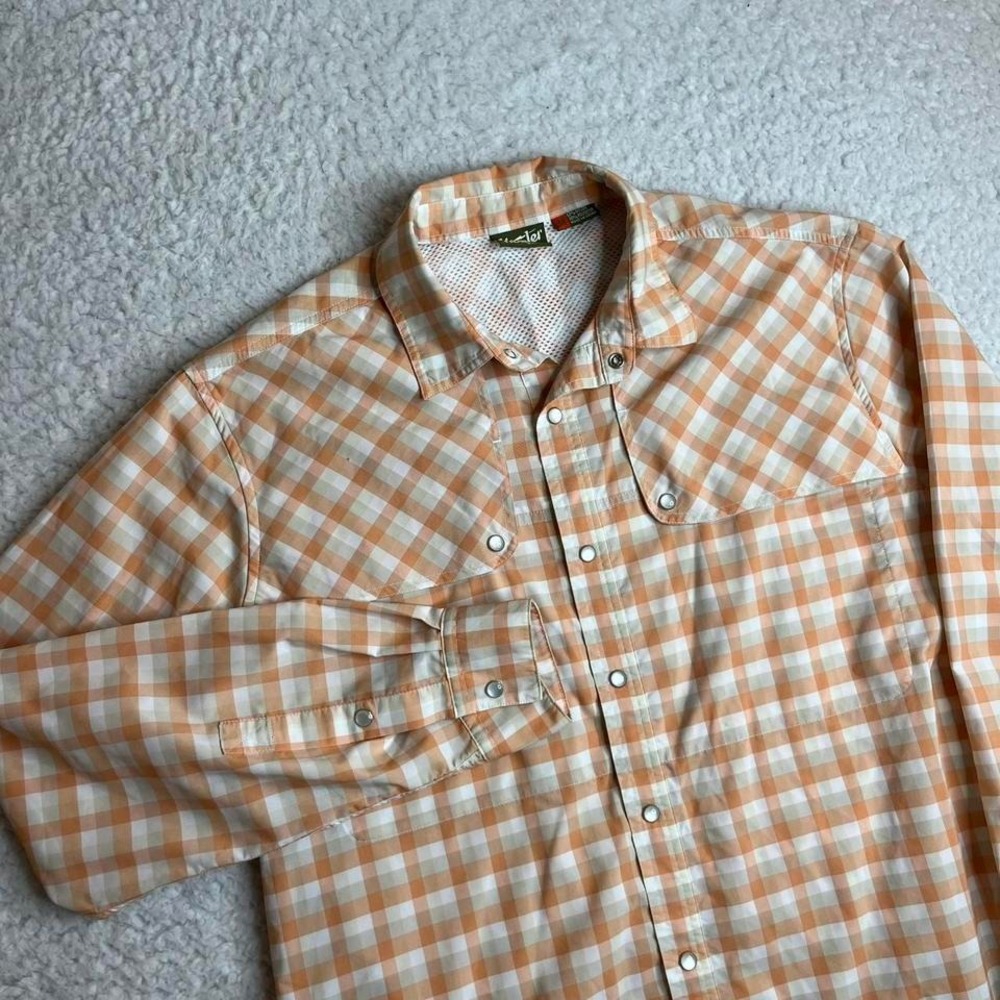 Howler bros mens orange gingham check matagorda‎ pearl snap long sleeve shirt M